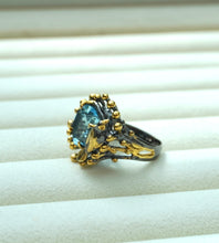 Load image into Gallery viewer, Silver Gold-Plated Ring with Aquamarine and Bird Detail