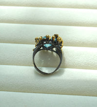 Load image into Gallery viewer, Silver Gold-Plated Ring with Aquamarine and Bird Detail