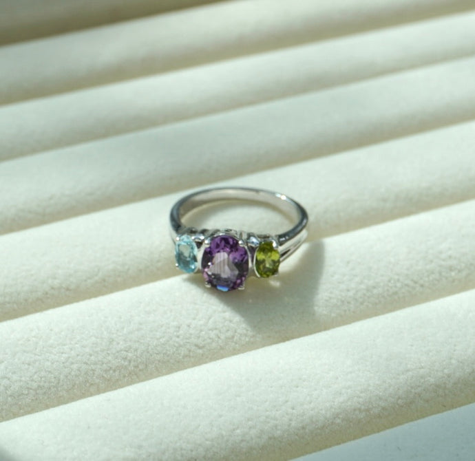 Silver Ring with Aqua Marine, Amethyst, and Citrine rouded shape Stones