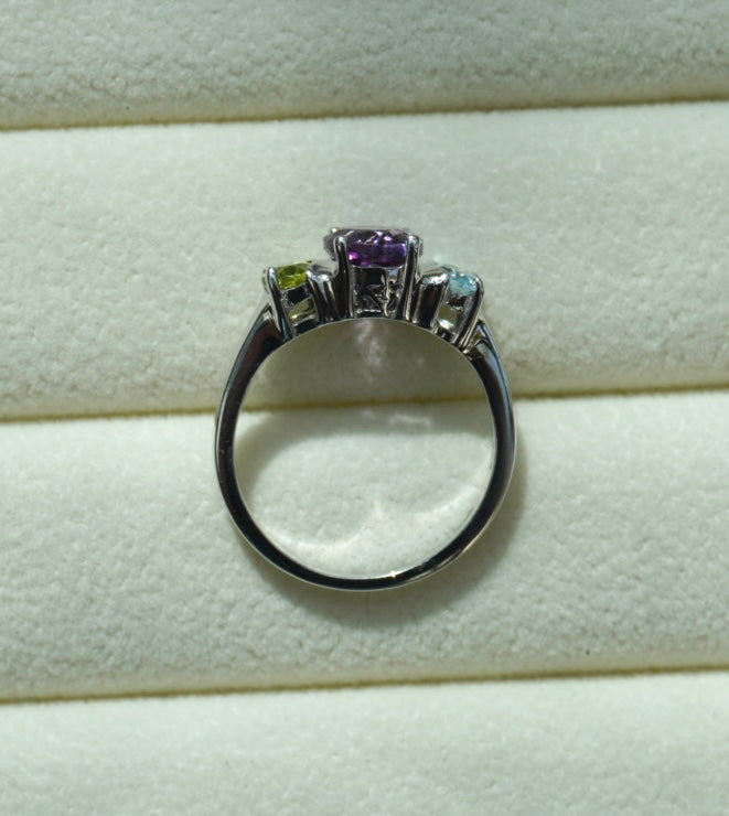 Exquisite Silver Ring with Aqua Marine, Amethyst, and Citrine Stones