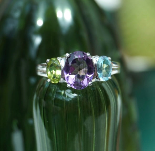 Exquisite Silver Ring with Aqua Marine, Amethyst, and Citrine Stones