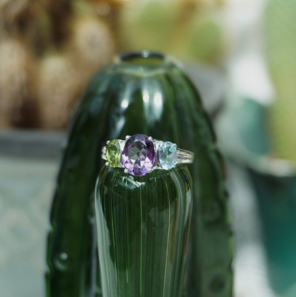 Exquisite Silver Ring with Aqua Marine, Amethyst, and Citrine Stones