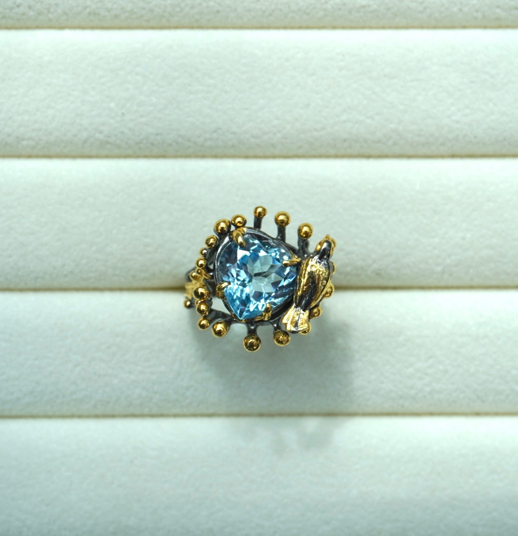 Silver Gold-Plated Ring with Aquamarine and Bird Detail