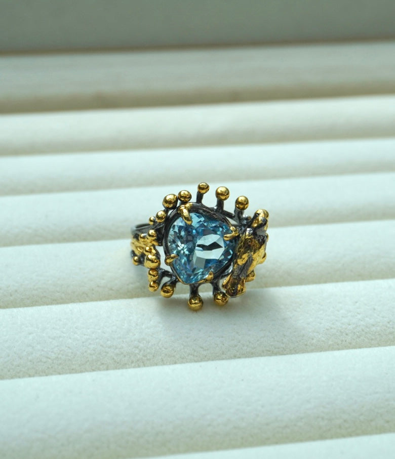 Silver Gold-Plated Ring with Aquamarine and Bird Detail