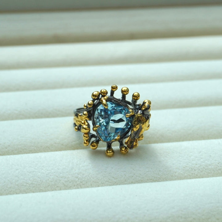 Silver Gold-Plated Ring with Aquamarine and Bird Detail
