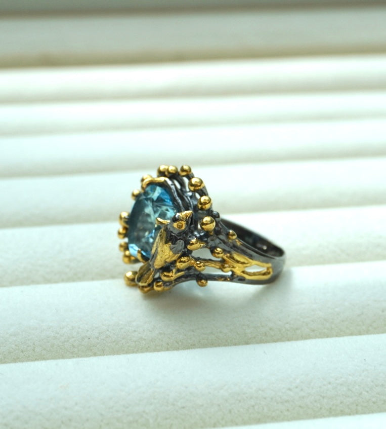 Silver Gold-Plated Ring with Aquamarine and Bird Detail