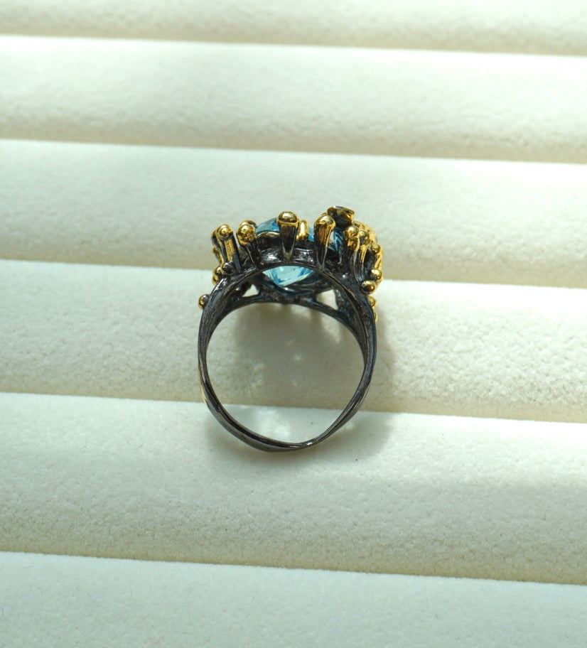 Silver Gold-Plated Ring with Aquamarine and Bird Detail