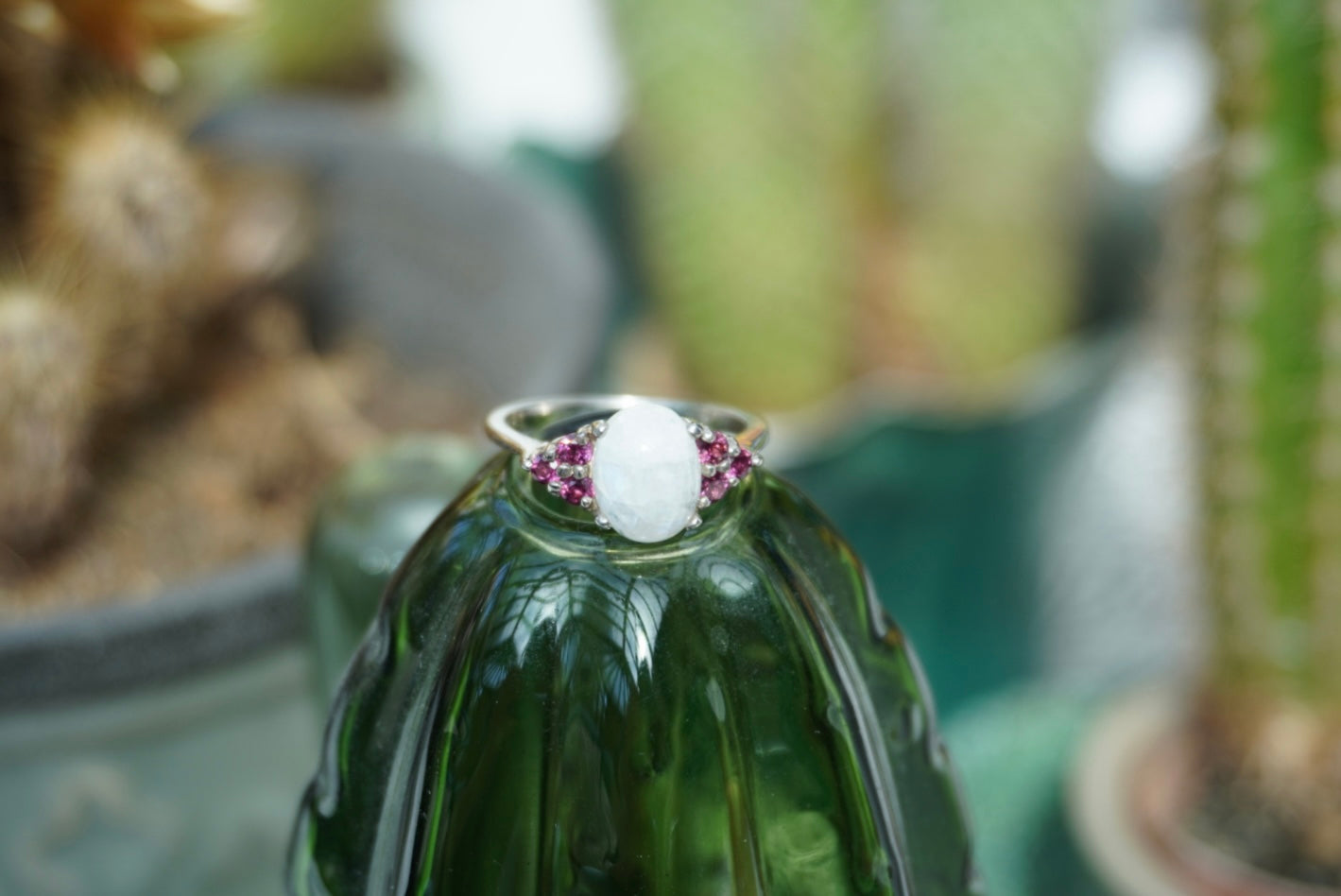 Silver Ring with Moonstone and Tiny Rubies