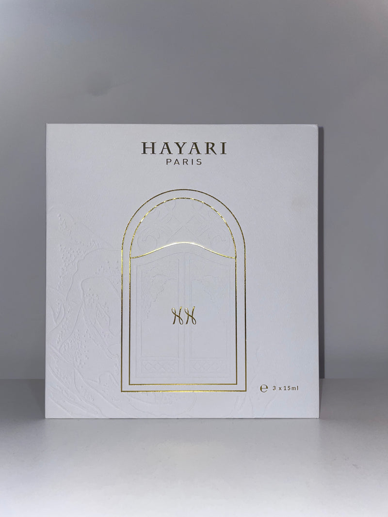 White box with gold engraving of Hayari doors 