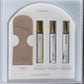 inside the box with 3 bottles of our bestsellers in small format with a pink velvet pouch and a dedication from Mr Hayari 