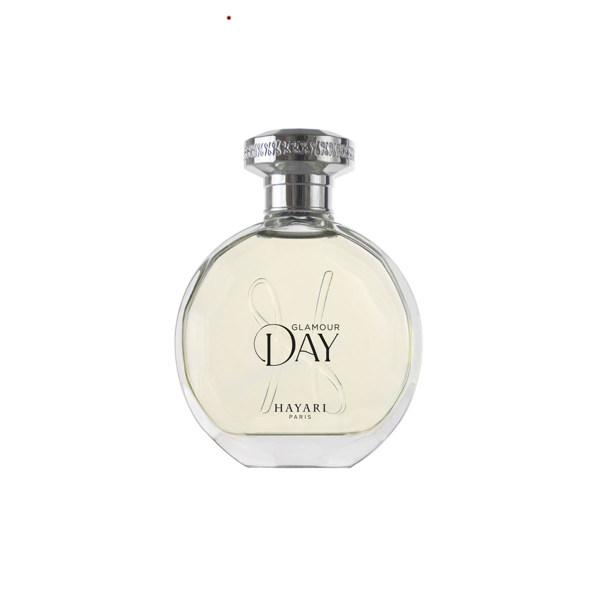 Glamour day in a clear bottle with silver stopper on a white backgroung