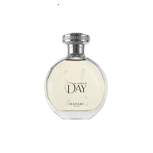 Glamour day in a clear bottle with silver stopper on a white backgroung