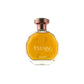 Evening perfume in a round clear bottle with a copper-colored cap on a white background