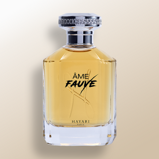 Hayari Paris “âme fauve” perfume bottle on beige background with silver cap