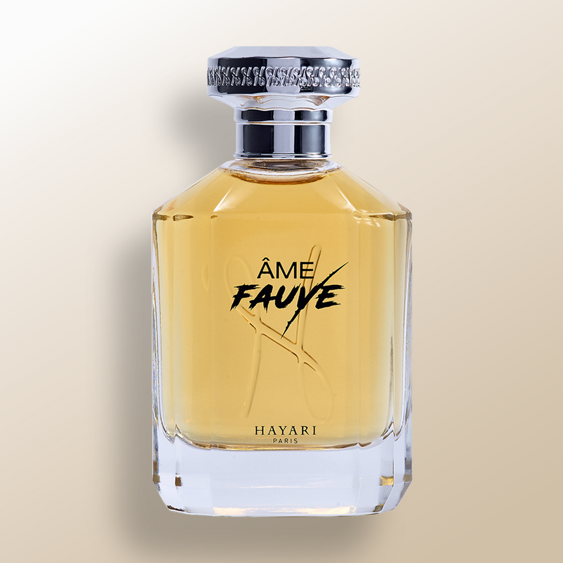 Hayari Paris “âme fauve” perfume bottle on beige background with silver cap