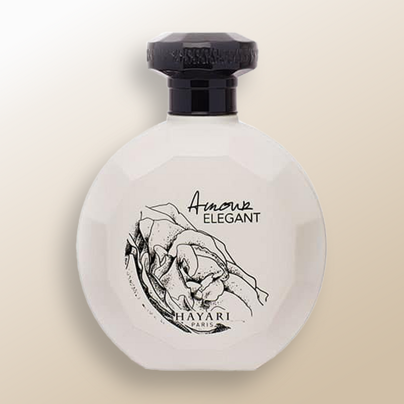 Hayari Paris, unisex perfume  “amour élegant” white matte bottle on beige background with black cap