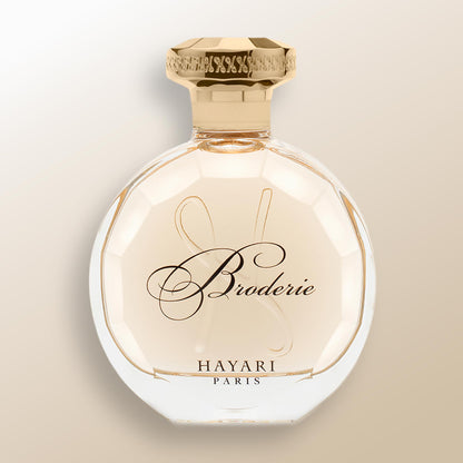 broderie eau de parfum for women by hayari paris. Elegant clear bottle wih gold cap