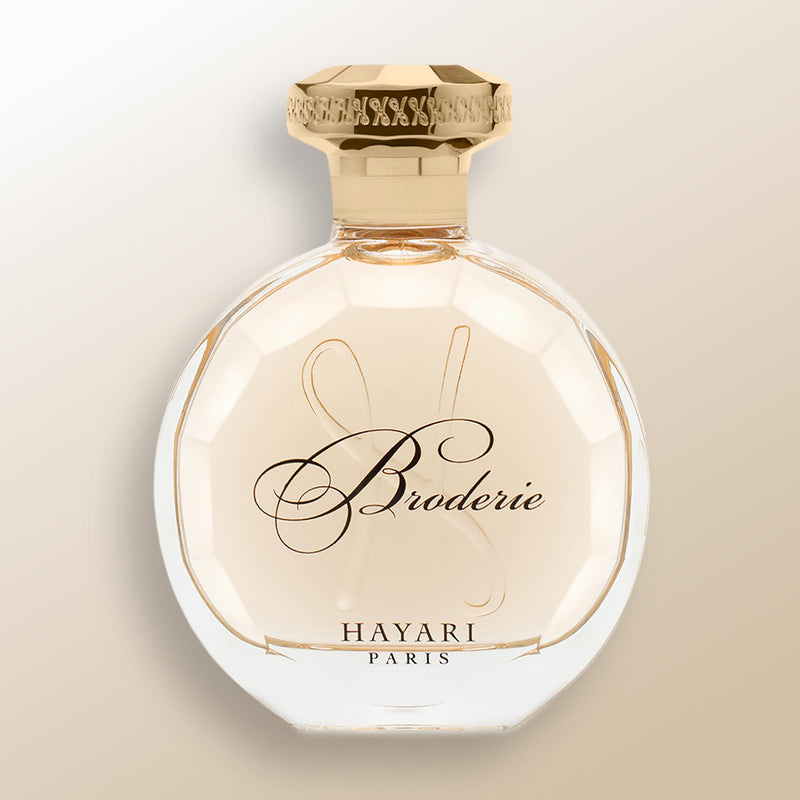 broderie eau de parfum for women by hayari paris. Elegant clear bottle wih gold cap