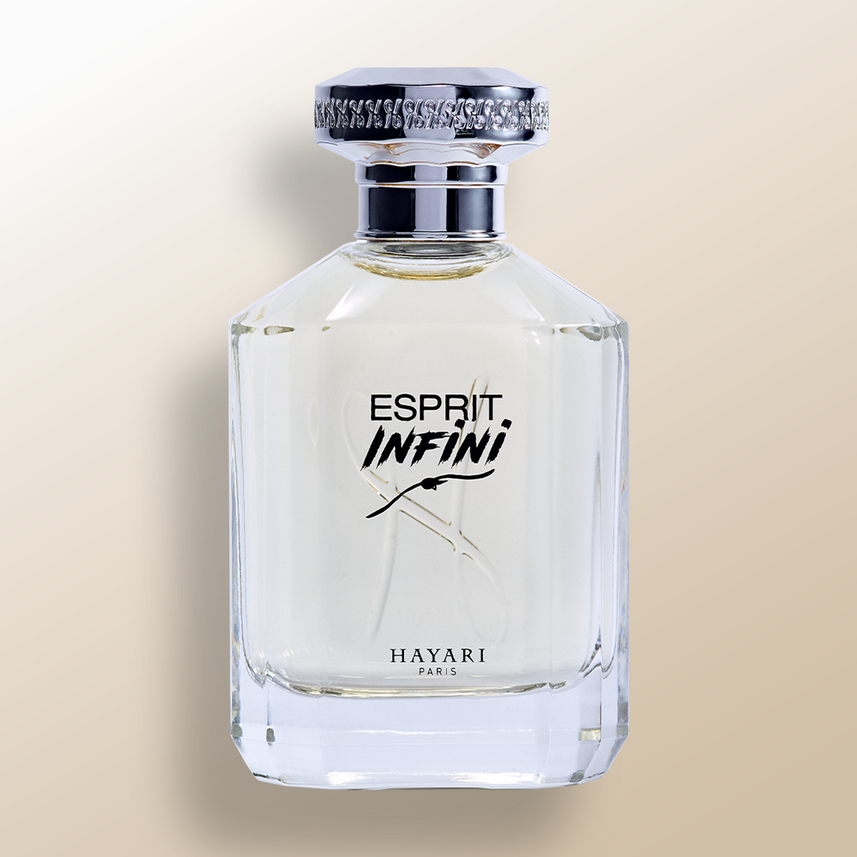 Esprit infini, eau de parfum by Hayari paris Rectangular transparent bottle with silver cap