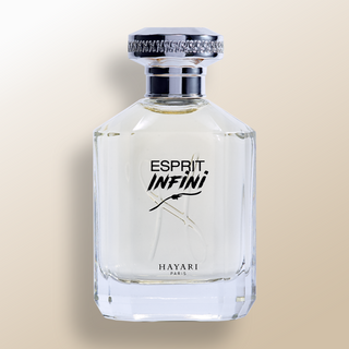 Esprit infini, eau de parfum by Hayari paris Rectangular transparent bottle with silver cap
