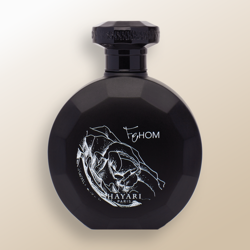 Fehom perfume in a black matte bottle with a rose drawn on it
