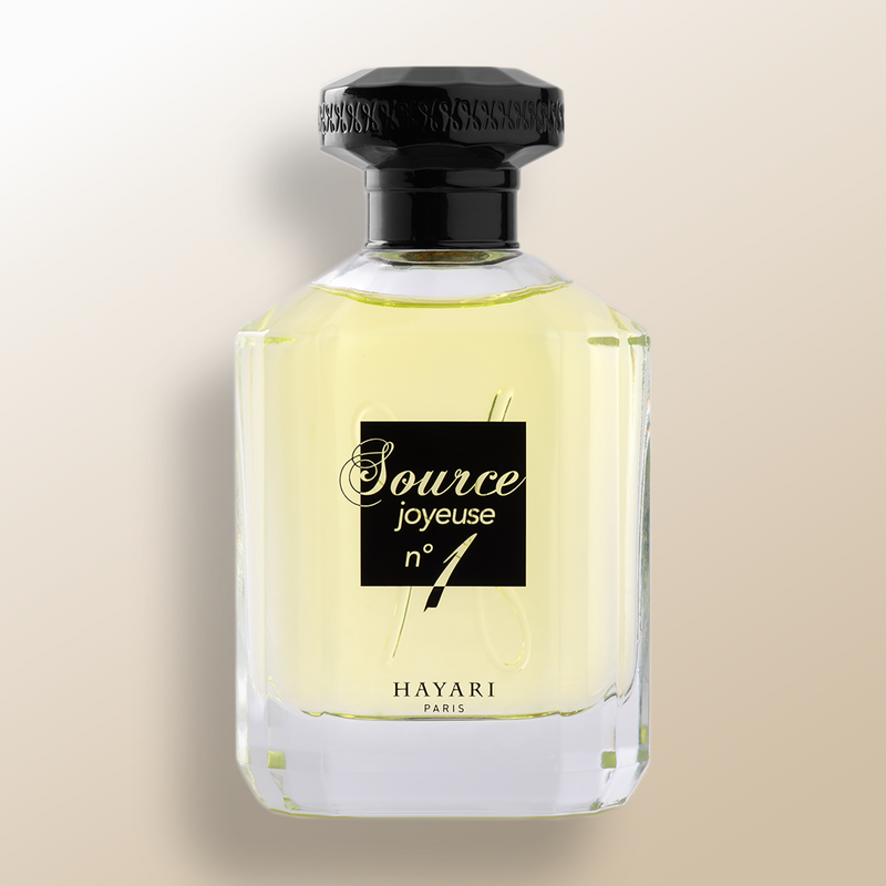 Source joyeuse eau de parfum in a clear bottle with black elements. Yellow juice perfume