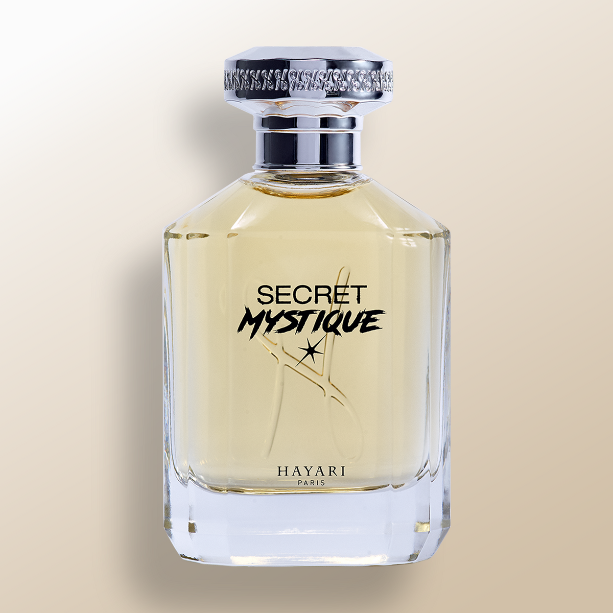 Eau de parfum "secret mystique" with a clear rectangular bottle and silver cap
