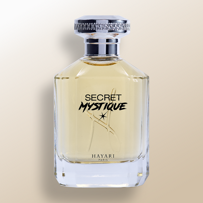 Eau de parfum "secret mystique" with a clear rectangular bottle and silver cap